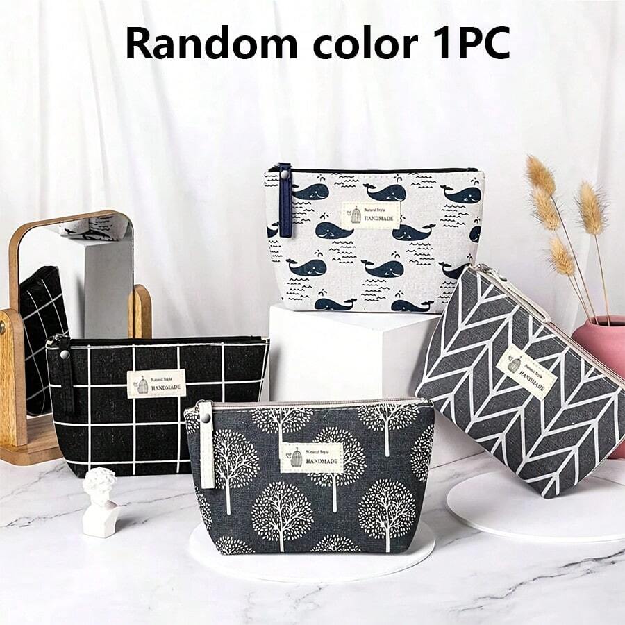 1pc Canvas Makeup Bag Large Capacity Toiletry Bag Zipper Coin Purse Travel Organizer, Random Color