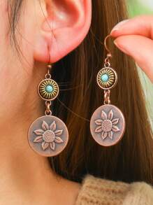 TopHanqi 10pcs/Set Retro Coffee Color Earrings For Women, Bohemian Vintage-Inspired Hollow Out Earrings Featuring Geometric, Sea Star, Animal Designs, Metal Texture, Versatile Daily/Party/Gift Accessory, All-Seasons - Dark Brown - View 2