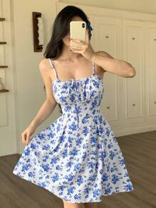 abyoxi Women's Floral Suspender Short Dress, Suitable For Play Dress, Beach Dress, Picnic Dress, Daily Dress