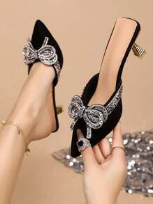 Fall/Winter 2025 Women's Pointed Toe Bowknot Elegant High Heel Mules,Kitten Heels,Elegant,Women Pumps,Party Outfits - Black - View 2