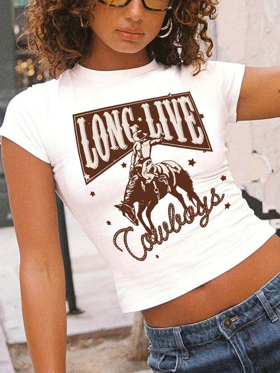 Y2K Baby Tee With Western Pattern Print, Retro Cowboy Bullhead Nashville Rodeo Short Sleeve Tee, Western - White - View 1