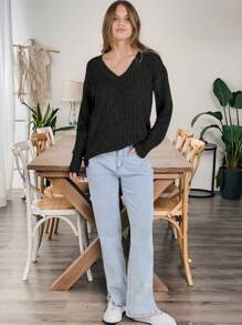 Camiseta De Punto Con Cuello En V Para Mujer, OtoñO E Invierno Navidad Ropa Mujer - Negro - Ver 3