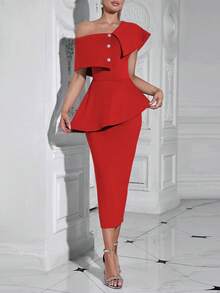 Elisanya Vestido de mujer ajustado, sexy y con botones de estilo multicapa - Rojo - Ver 7