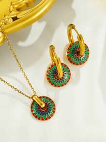 New Fashionable Paint Drip Necklace And Earring Jewelry Set, Stainless Steel Earrings For Women