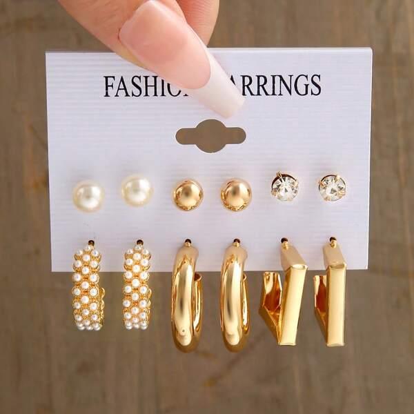 BEMMY 6/9 Peças Conjunto Elegante de Brincos e Tachas de Pérolas, Adequado Para Festas, Festivais e Uso Diário