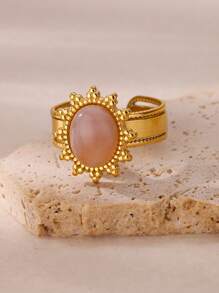 1PC Vintage Green Oval Opal Rings For Women Stainless Steel Gold Color Open Adjustable Wedding Ring Aesthetic Waterproof Jewelry BFF