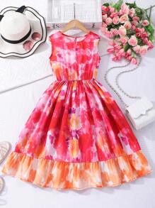 女童花朵印花无袖圆领休闲百搭简约连衣裙，适合大女孩