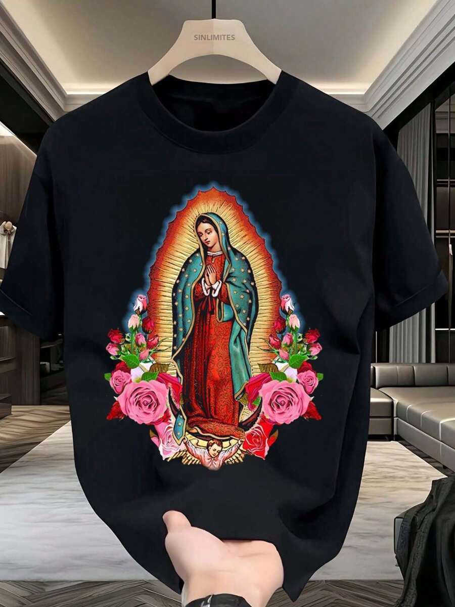 Camiseta de Hombre de Algodón 100% Puro Nuestra Señora de Guadalupe PERSEGUIR a un Niño con Alas Amarillas Camiseta de Hombre de Algodón Puro Camiseta Casual de Cuello Redondo y Suelta de Color Sólido Simple para Hombres y Caballeroes Regalo de Festival de Verano Universal - Negro - Ver 1
