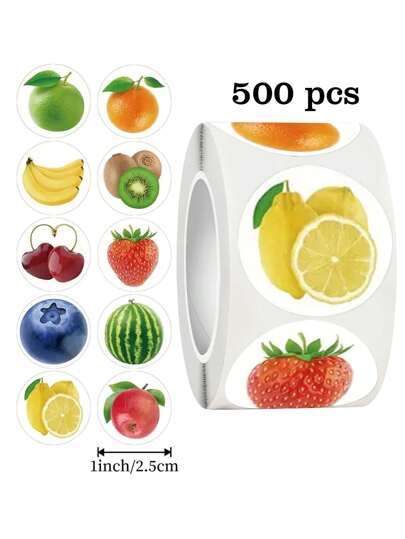 500/Roll Fruit Pattern Self-Adhesive Sealing Labels, 10 Designs, Suitable For Home Kitchen, Party, Gifts, DIY, Waterproof PVC Stickers,School Supplies,Back To School