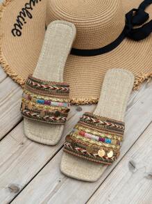 WRCVS 棕色女士凉鞋，夏季女士平底拖鞋，多色针织流苏刺绣平底凉鞋，复古拖鞋，时尚性感链条装饰沙滩鞋，户外编织随意拖鞋 - 棕色 - 查看 2