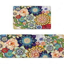 Boho Floral Kitchen Rugs Mats For Floor Bohemian Vintage Flower Kitchen Rug Anti Fatigue Non Slip Cushioned Comfort Standing Mat, 17.3x28+17.3x47 Inch