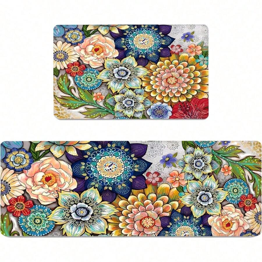 Boho Floral Kitchen Rugs Mats For Floor Bohemian Vintage Flower Kitchen Rug Anti Fatigue Non Slip Cushioned Comfort Standing Mat, 17.3x28+17.3x47 Inch