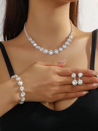 4pcs Full Crystal Sun Decor Elegant Versatile Necklace, Earrings And Bracelet Jewelry Set, Suitable For Women Daily, Campus, Wedding, Party, Valentine's Gift