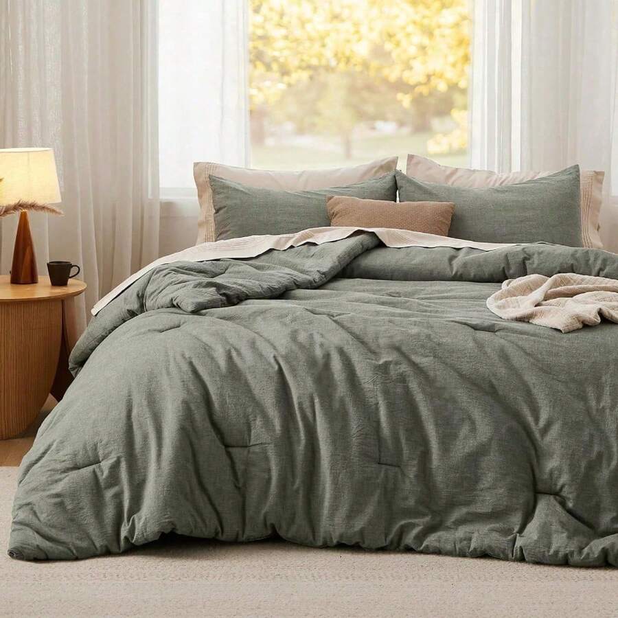 Comforter Set Queen Size Grayish Olive Green - Cotton Fabric With Microfiber Inner Fill, Queen Comforter Set For All Seasons, 3 Pieces, 1 Comforter (90"X90") And 2 Pillow Cases (20"X26") - 01 - 灰橄欖綠 - 查看 1