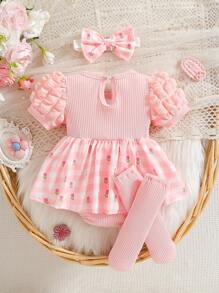 女婴甜美时尚可爱千鸟格图案圆领泡泡袖连体衣，配蝴蝶结荷叶边裙、白色罗纹腿套和千鸟格头带，夏季 - 粉色 - 查看 2