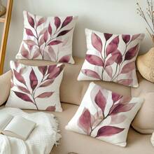 4 piezas Funda de almohada con estampado de hojas en acuarela rosa y púrpura, de 17.7*17.7in (45*45cm) / 19.69*19.69in (50*50cm), de poliéster, impresa por un solo lado, solo funda (sin relleno de almohada), decoración para el hogar, sofá, cama, coche, etc.