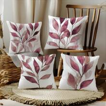 4 piezas Funda de almohada con estampado de hojas en acuarela rosa y púrpura, de 17.7*17.7in (45*45cm) / 19.69*19.69in (50*50cm), de poliéster, impresa por un solo lado, solo funda (sin relleno de almohada), decoración para el hogar, sofá, cama, coche, etc.