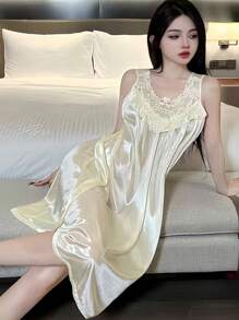 Sophisticated Comfort] Elegant Purple Satin Nightgown With Lace Trim, Sleeveless Round Neck Vest Dress For Women – Comfortable And Stylish Sleepwear - 香檳色 - 查看 3