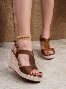 女士编织坡跟凉鞋，绳绣露跟露趾高跟鞋，时尚夏季派对和假日厚底凉鞋