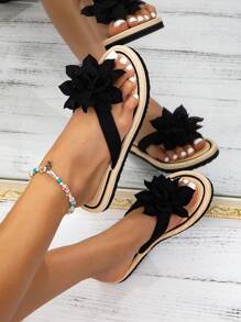 女士时尚鞋履黑色草编平底凉鞋休闲沙滩人字拖，草编鞋底，女士拖鞋 - 黑色 - 查看 1