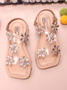 Girls' Fashionable Cute Glitter Sequin Snowflake Thong Flat Sandals, Peep Toe Summer Flat Dress Shoes, Suitable For Little Girls Beach Party Outdoor Camping, Flower Center Changed To Round Rhinestones
