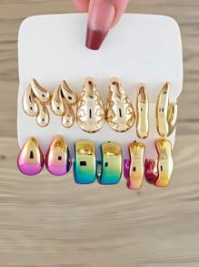 6pcs/12pcs Set Fashionable Minimalist Creative Personalized C-Shaped Water Drop Twisted Hoop Earrings, Ombre Spray Paint Candy Color C-Shape Bead Earrings (Minor Color Difference May Exist) - Multicolor - View 6