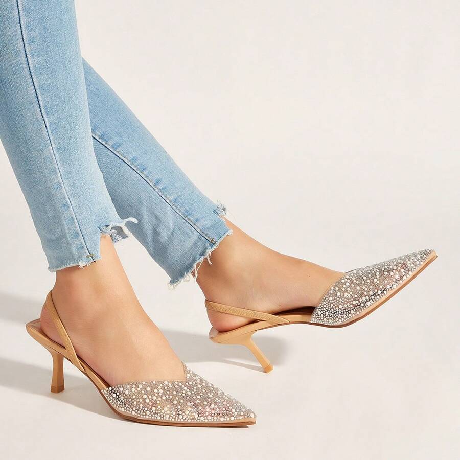 女士优雅柔软凉鞋透明鞋面花卉装饰露跟高跟鞋纯色假日夏季女士水钻高跟鞋卡其色