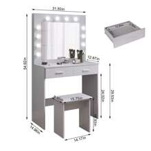 Jooli H White Dressing Table Set With LED Lighting Mirror, Cosmetic Table With 2 Large Drawers And Stool - Makeup Vanity Table Set - Bạc Xám - Xem 3