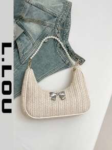 Pearl Chain Relaxed Bag, Fashion Straw Crescent Bag For Spring/Summer Vacation Beach, Metal Bowknot Casual Tote Bag, Underarm Beach Bag, Versatile Casual Shopping Bag For Women - Beige - View 1