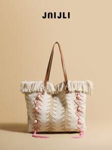 JNIJLI 1 pezzo Borsa a tracolla in paglia bohémien carina con decorazione a nappina, borsa a spalla intrecciata stile francese fatta a mano, grande capacità, adatta per pendolarismo, tempo libero alla moda, viaggi, matrimoni in spiaggia, gite all aperto, vacanze