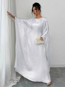 Women's Shiny Fabric Round Neck Adjustable Waist Belt Casual Dress,Modest - White - View 6