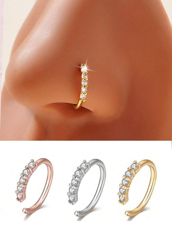 1 pezzo Anello per il naso finta di moda, senza bisogno di perforazione, monofilare, mini zircone artificiale per donna, perforata finemente, gioiello finto per il naso con foro, per feste e regali
