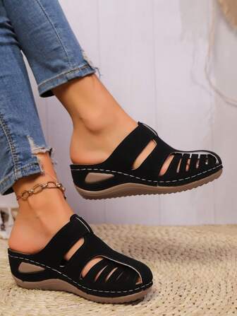 Summer New Heeled Wedge Flat Slide Sandals For Women,Hollow Out Breathable Lightweight Comfortable Beach Slippers