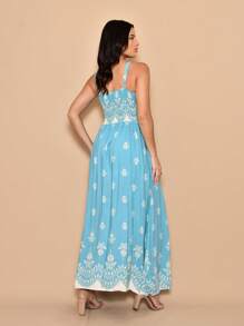 Long Dress With Printed Viscose Lastex Straps On The Back - Mint Blue - View 4