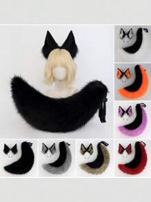 2 件套狐狸耳朵和尾巴套装，大号狐狸尾巴黑狼狗服装角色扮演配饰，狼耳朵头带狗尾巴道具适用于派对舞台装饰舞会万圣节 - 套裝 - 查看 2