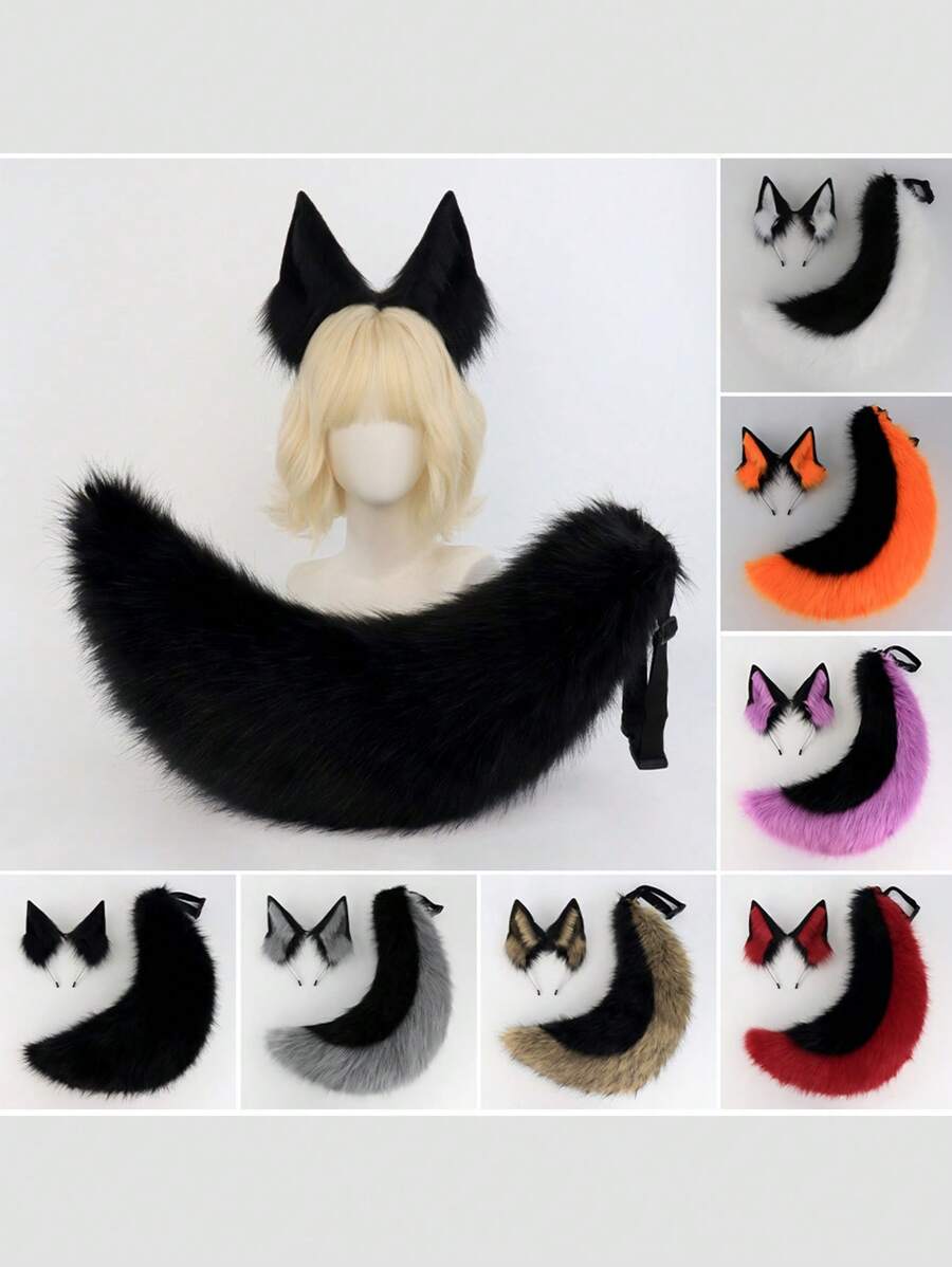 2 件套狐狸耳朵和尾巴套装，大号狐狸尾巴黑狼狗服装角色扮演配饰，狼耳朵头带狗尾巴道具适用于派对舞台装饰舞会万圣节