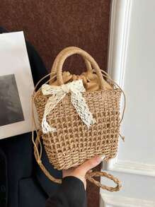 Yogodlns Luxury Designer Lace Bow Straw Weave Women's Handbag Crossbody Bag Small Bucket Tote Summer Beach Bag Casual Hollow Out Weaving Shoulder Bags For Women Small Square Crossbody Bag Purse Female Fashion Handbag Clutch