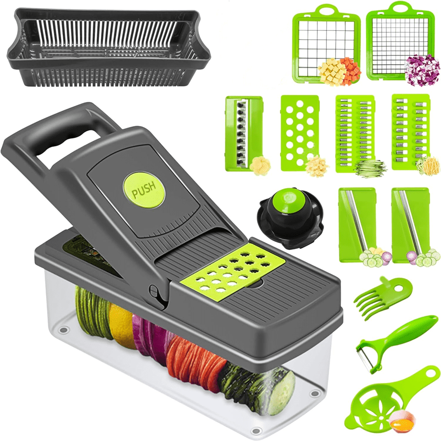 14-In-1 Vegetable Chopper, Onion Chopper With Suction Base, Stainless Steel Blades Adjustable Food Slicer With Drain Rack & Storage Container, Kitchen Tool