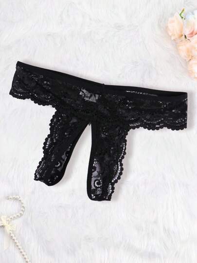 Zwart Verleidelijke Kanten Lingerie Set Featuring Bowknot Bralette Open Crotch Tanga Panties Going Out view 5