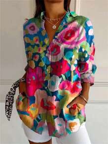 Blusa de manga larga con botones y estampado floral vintage, para mujer en primavera y verano - Multicolor - Ver 2