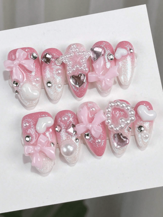 10 piezas de uñas acrílicas rosas degradadas hechas a mano de alta calidad con decoraciones de corazón de cristal y lazos, pegatinas de uñas rosas perladas, uñas postizas con adhesivo, suministros para uñas