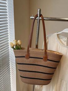 (Custom-Made) 1pc Personalized Embroidered French Countryside Style Rope Woven Handbag, Women's Summer Large Capacity Striped Shoulder Tote Bag, Beach Basket, Suitable For Vacation,Multifunction,Versatile,Large Capacity,Lightweight,School Supplies,Back To School,School Gift,For Office,For School,For Classroom,For Teacher Gifts,For University,For Colleague,For Dorm Rooms,For Teacher,For Boys And Girls,For Teenagers,Junior High School Students,Middle School Students,High School Senior High School Students,College Students,University Students,Freshman,Sophomore,Underclassmen - Multicolor - View 9