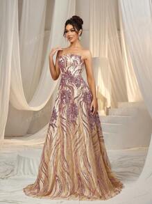 Faeriesty Gorgeous Elegant Gradient Floral Sequin Formal Party Dress With Back-Tied Strap & Floor-Length Hem | Luxury Evening Dress For Weddings, Galas, And Cannes Parties