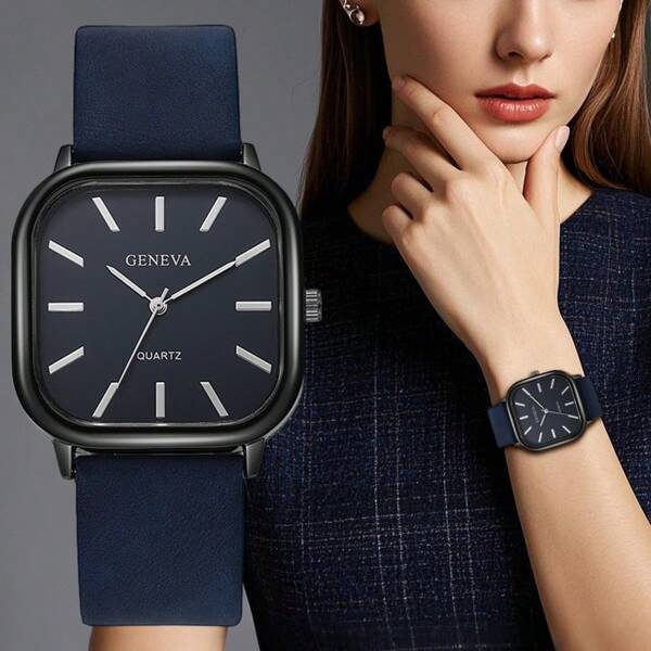 1pc Unisex Square PU Leather Business Casual Quartz Watch, Men Watch & Women Watch