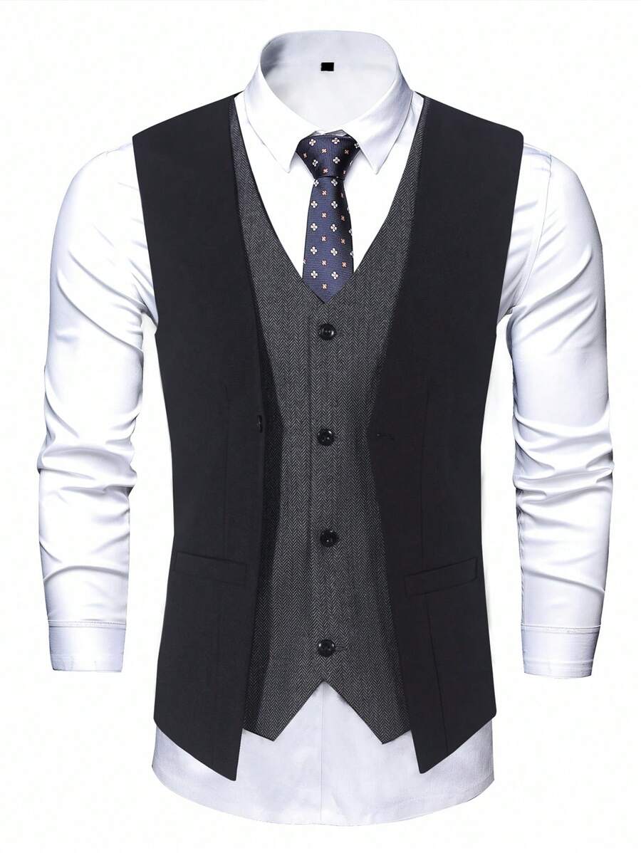 Retro British Style Colorblock Patchwork Men's Suit Vest Sleeveless Jacket, Fashionable & Cool Waistcoat - Multicolor - View 1