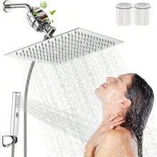 Regadera para Baño con Filtro, 10" Cabeza de Ducha Antióxido con Shower Head de Mano, 20 Capas de Filtrado, Regadera Cuadrada de Alta Presion, con 2 Cartuchos Filtrantes y Todos Los Accesorios