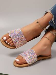 女士平底凉鞋，新款时尚平底带一脚蹬凉鞋，休闲凉鞋，时尚水钻拖鞋，时尚亮片拖鞋，平底鞋，一脚蹬拖鞋，女鞋，新款韩版纯色低跟春季，百搭沙滩度假沙滩鞋 - 淺粉色 - 查看 5