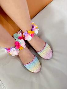 Dreamlike Colorful Floral Wreath Girls High Heel Dress Shoes, Strap Sandals Very Suitable For Vacation, Outdoor Travel, Performance, Costume - Multicolor - View 5