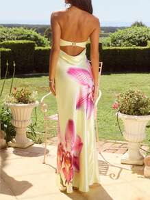 Strapless Maxi Tube Dress For Women Yellow Floral Print Backless High Waist Beach Long Dress Off Shoulder Bodycon Dress Spring Summer Vacation Beachwear Party Outfit - Màu vàng - Xem 2
