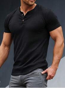 男士纯色正面纽扣休闲简约印花 Polo 衫，短袖 - 黑色 - 查看 2